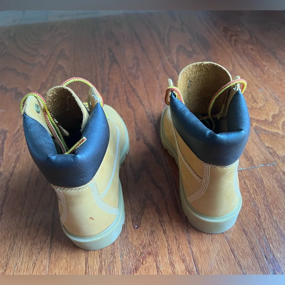 Timberland Kids Wheat Tan Boots with Black Collar and Yellow/Red Laces